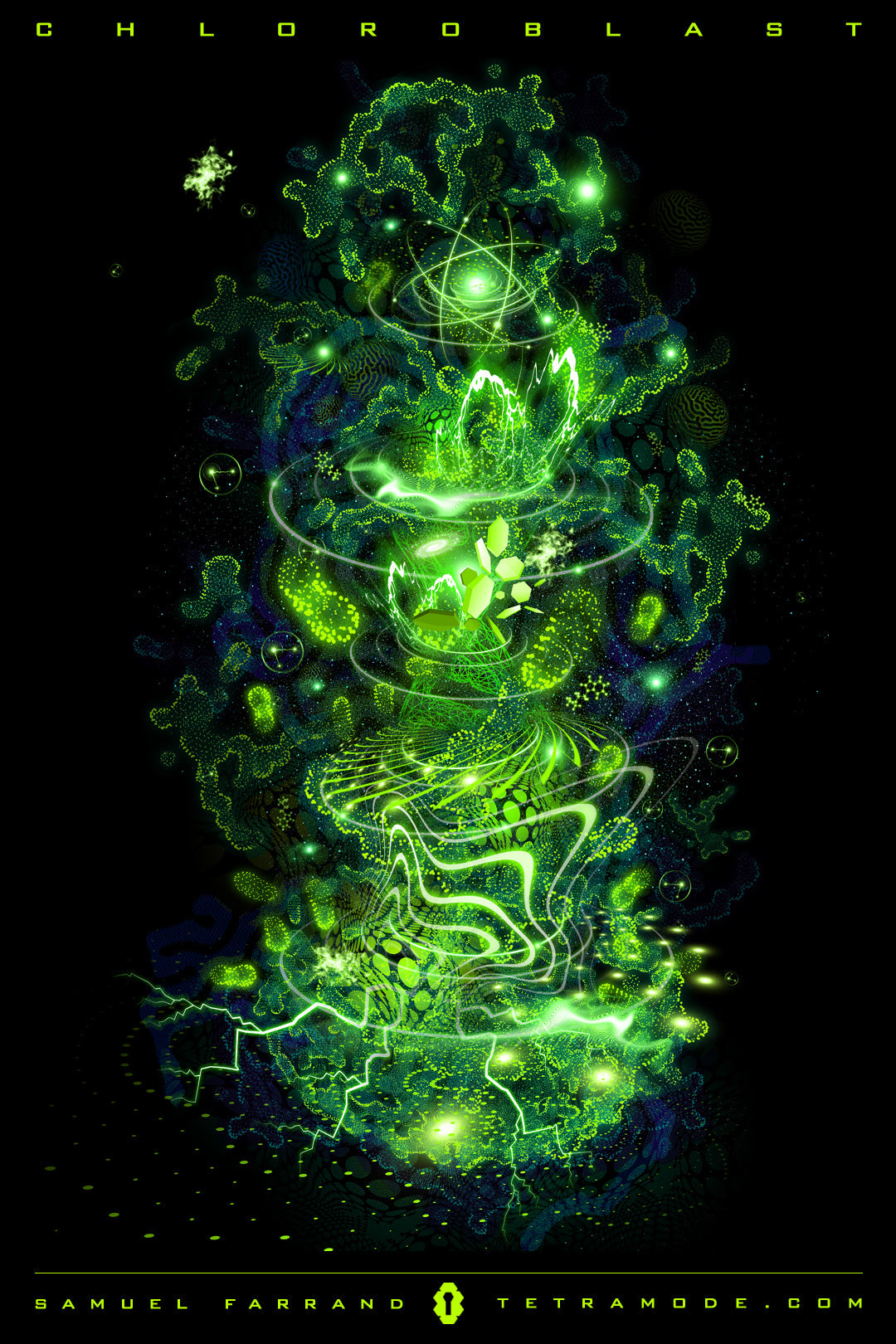 Chloroblast artwork by Samuel Farrand featuring a vertical column of vivid green fractal patterns, glowing leaves, and botanical energy forms on a black background
