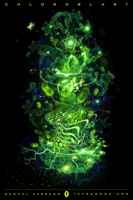Chloroblast artwork by Samuel Farrand featuring a vertical column of vivid green fractal patterns, glowing leaves, and botanical energy forms on a black background
