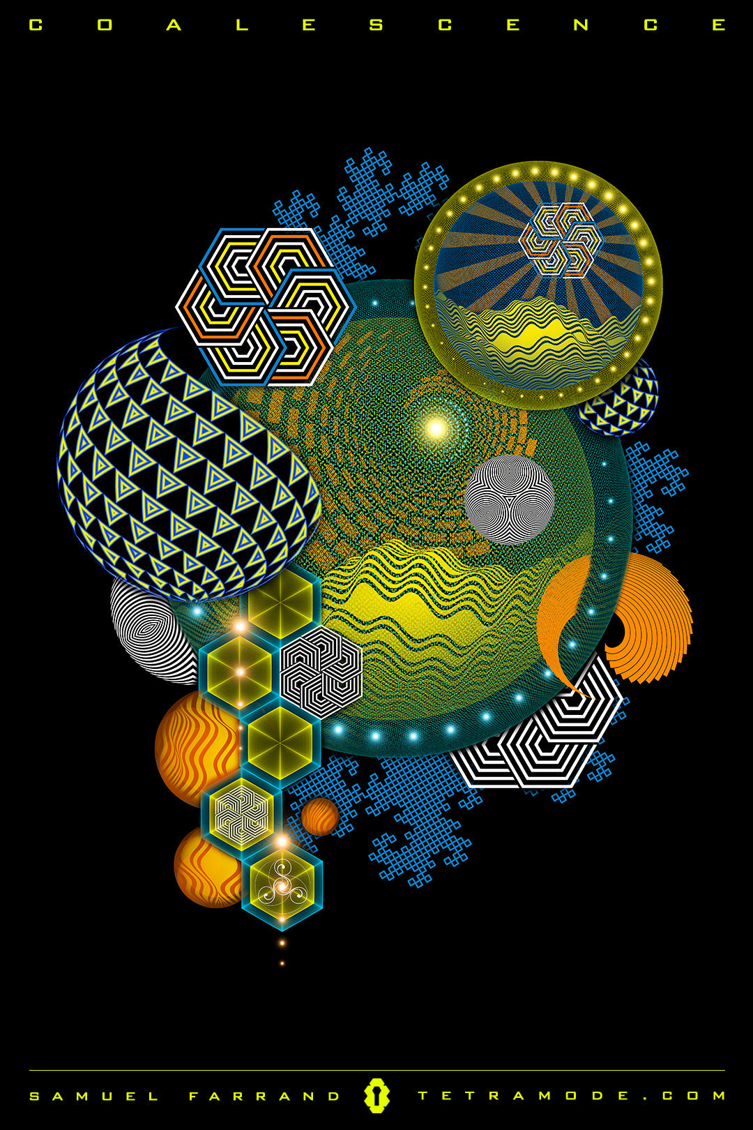 Coalescence artwork by Samuel Farrand showing luminous hexagon column, fractal snowflake fields, and wave-patterned spheres in sacred geometry style