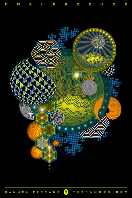 Coalescence artwork by Samuel Farrand showing luminous hexagon column, fractal snowflake fields, and wave-patterned spheres in sacred geometry style