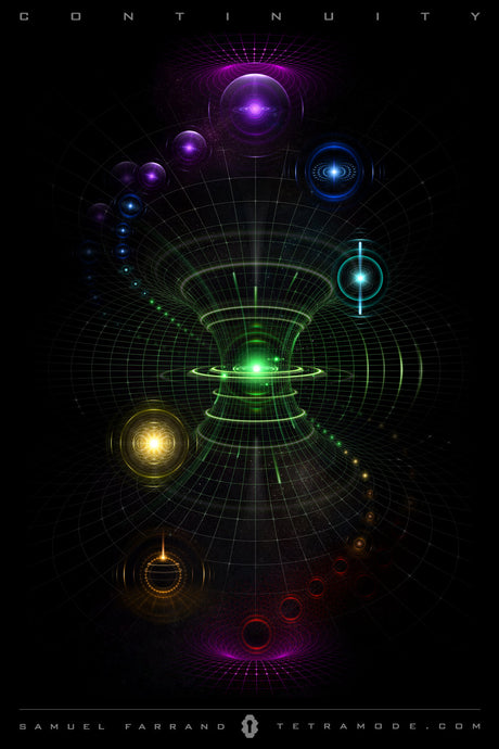 Continuity artwork of a glowing vortex and cosmic orbs in rainbow light by Samuel Farrand