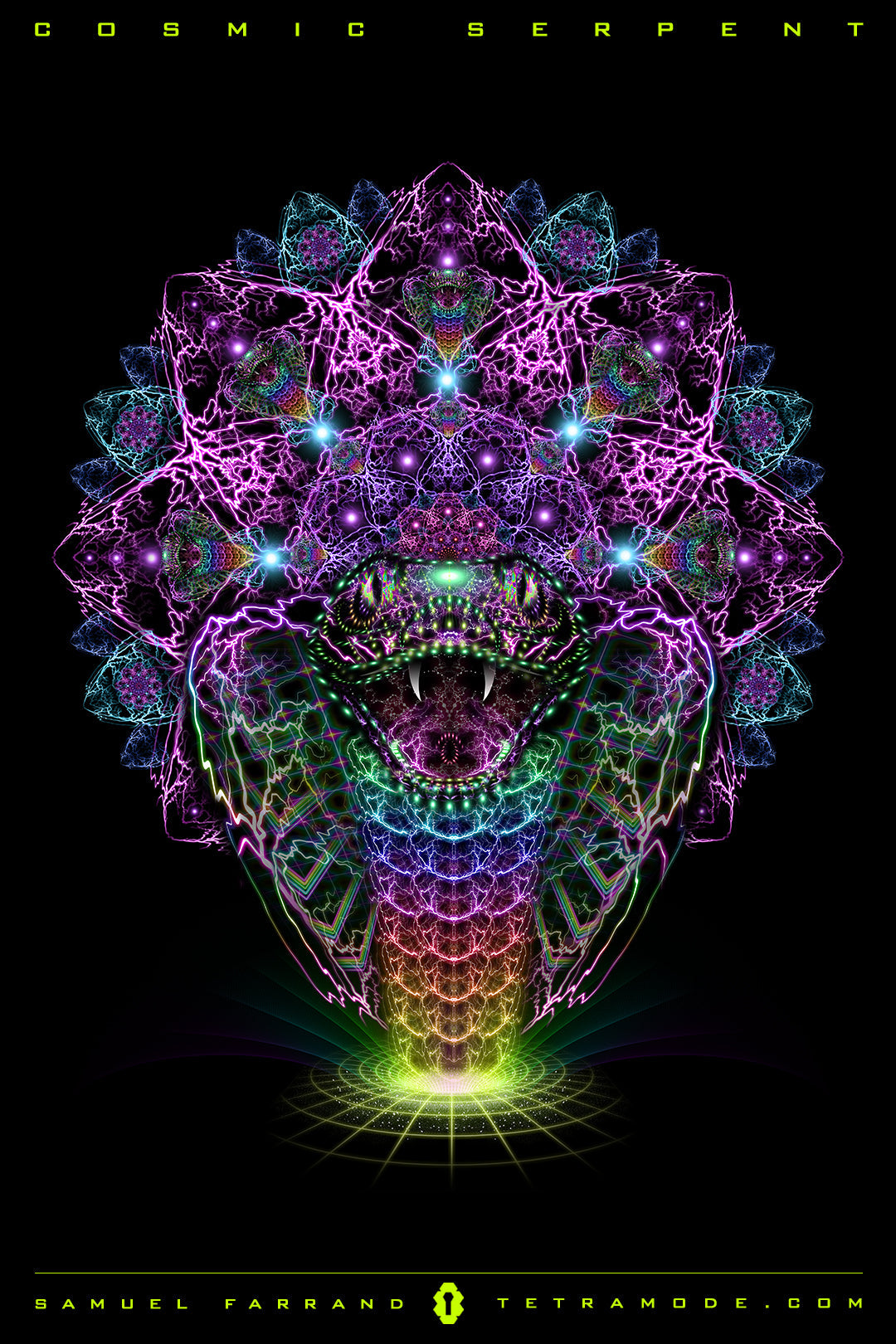 Cosmic Serpent artwork by Samuel Farrand showing neon serpent head with fractal scales, glowing fangs, and electric energy patterns in psychedelic style