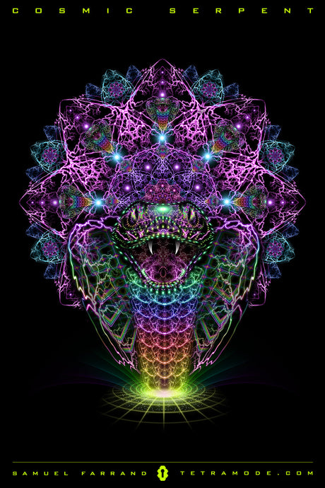 Cosmic Serpent artwork by Samuel Farrand showing neon serpent head with fractal scales, glowing fangs, and electric energy patterns in psychedelic style