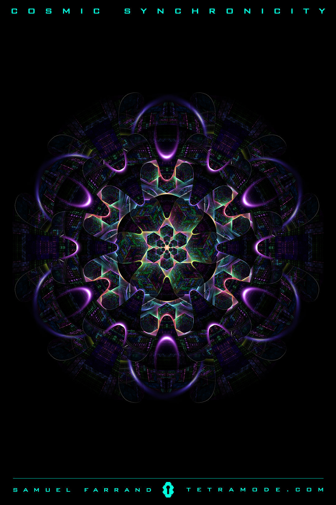 Cosmic Synchronicity artwork by Samuel Farrand showing luminous fractal mandala with purple highlights, geometric symmetry, and layered quantum patterns