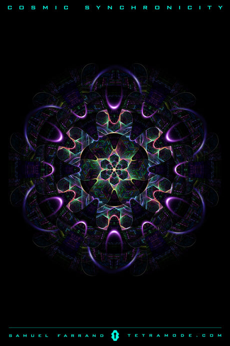Cosmic Synchronicity artwork by Samuel Farrand showing luminous fractal mandala with purple highlights, geometric symmetry, and layered quantum patterns