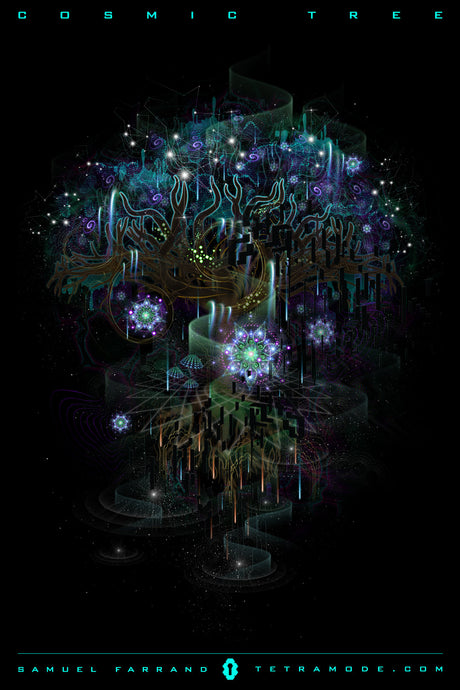 Cosmic Tree artwork with glowing branches, roots, and sacred geometry by Samuel Farrand