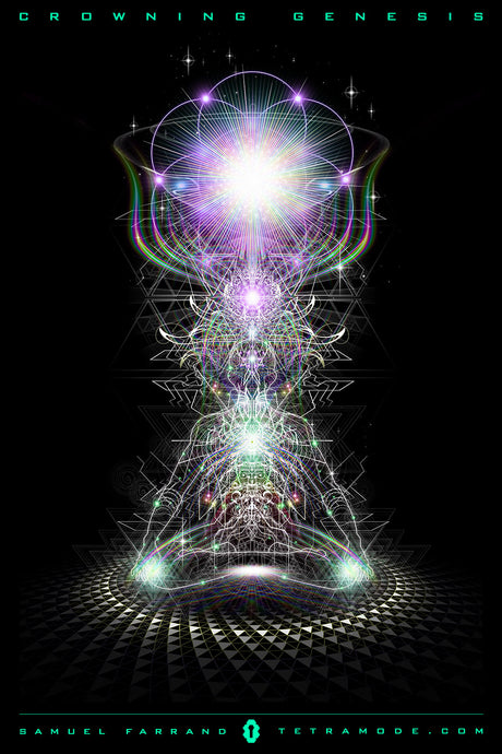 Crowning Genesis artwork by Samuel Farrand showing seated light-body, radiant lotus crown, and layered yantra geometry in luminous ascension style