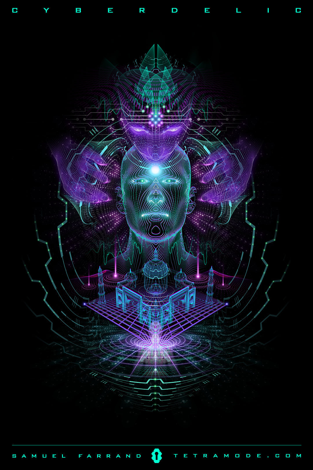 Cyberdelic artwork by Samuel Farrand showing a neon-lit human face merging with a higher being in radiant purple and teal circuitry and sacred geometry