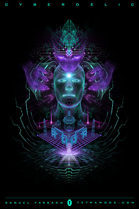 Cyberdelic artwork by Samuel Farrand showing a neon-lit human face merging with a higher being in radiant purple and teal circuitry and sacred geometry