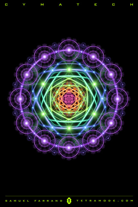Cymatech artwork by Samuel Farrand showing a glowing mandala of cymatic wave patterns and sacred geometry in radiant neon colors