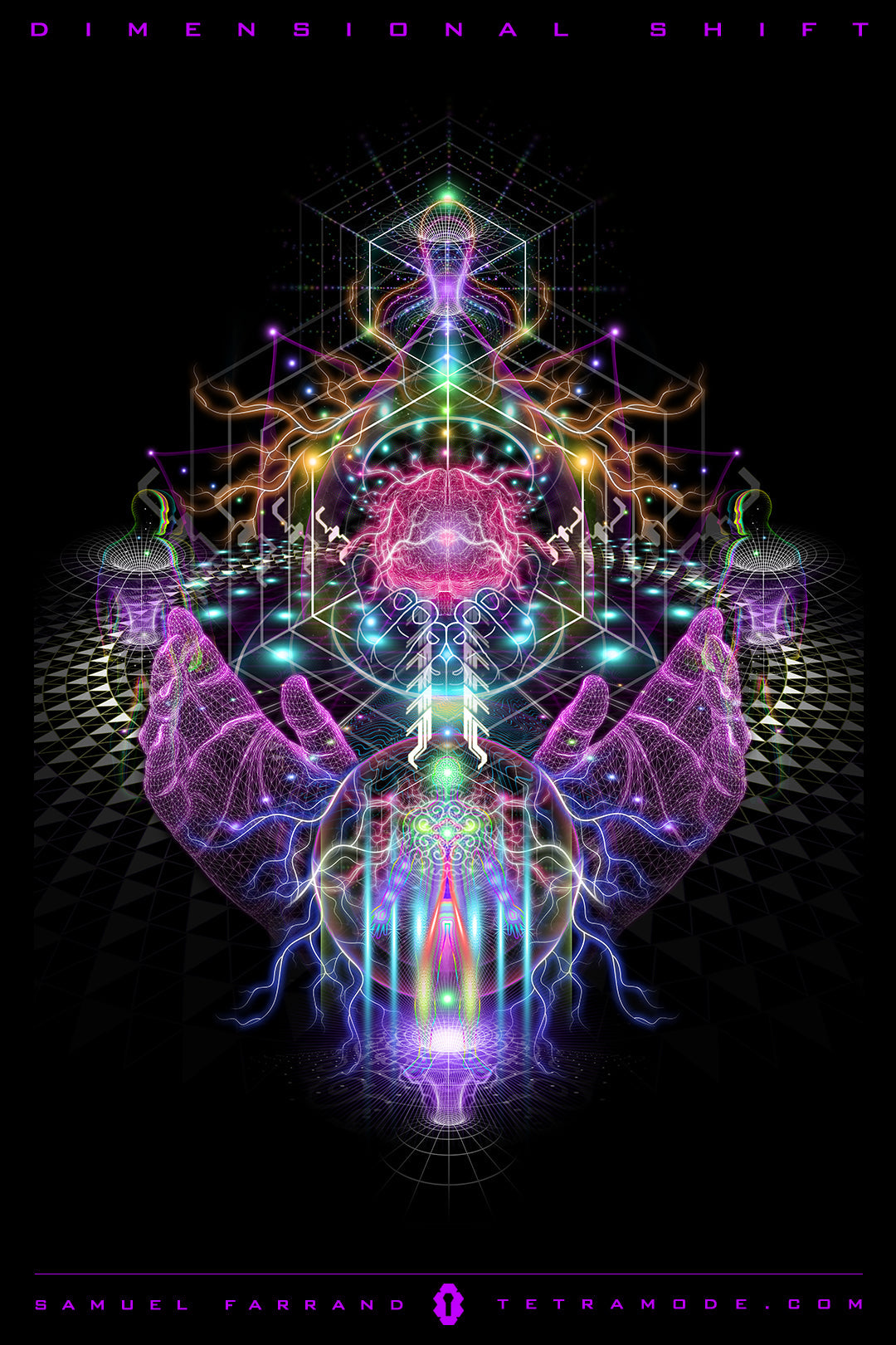 Dimensional Shift artwork by Samuel Farrand showing glowing hands, sacred geometry, radiant energy, and cosmic light forms in vivid neon visionary style
