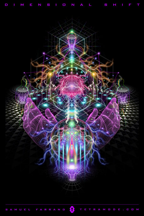 Dimensional Shift artwork by Samuel Farrand showing glowing hands, sacred geometry, radiant energy, and cosmic light forms in vivid neon visionary style