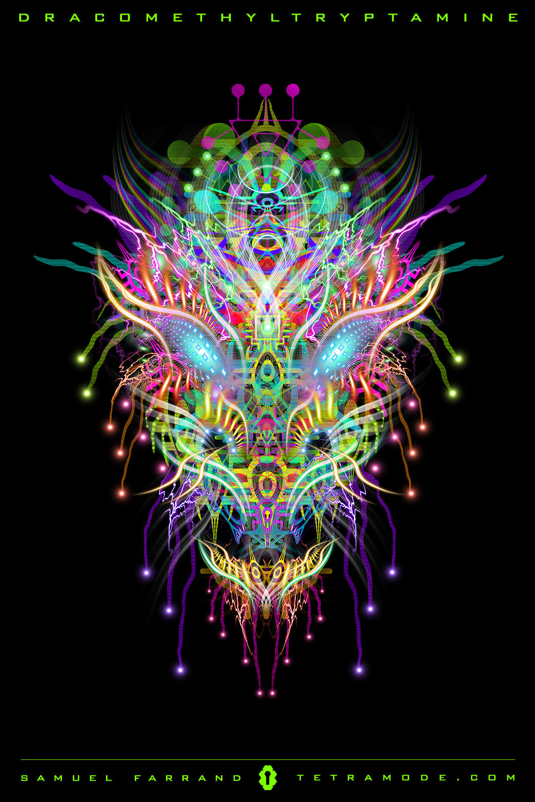 Dracomethyltryptamine artwork by Samuel Farrand depicting a neon dragon-like face made of radiant fractals, flowing energy lines, and glowing orbs