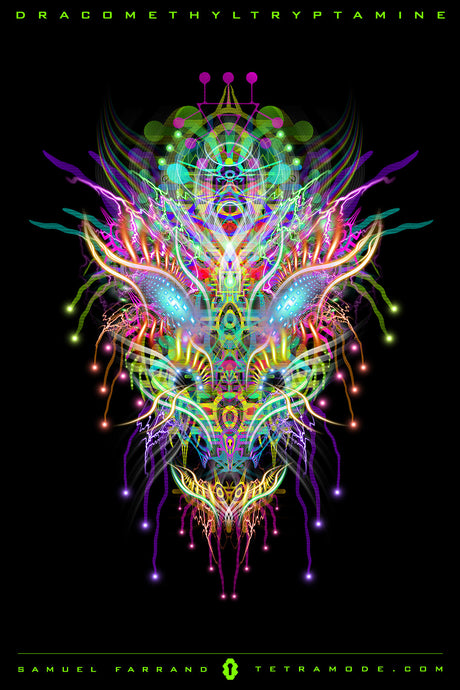 Dracomethyltryptamine artwork by Samuel Farrand depicting a neon dragon-like face made of radiant fractals, flowing energy lines, and glowing orbs