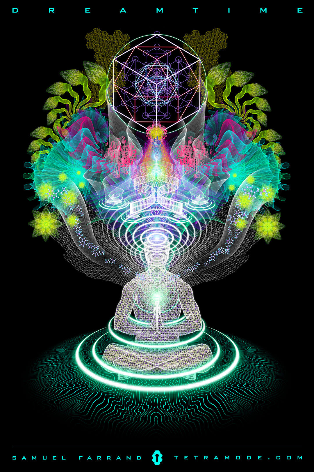 Dreamtime artwork by Samuel Farrand showing meditating figure, sacred geometry, glowing plants, and cosmic energy patterns in visionary neon style
