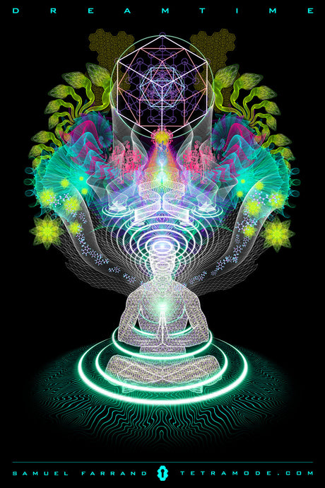Dreamtime artwork by Samuel Farrand showing meditating figure, sacred geometry, glowing plants, and cosmic energy patterns in visionary neon style