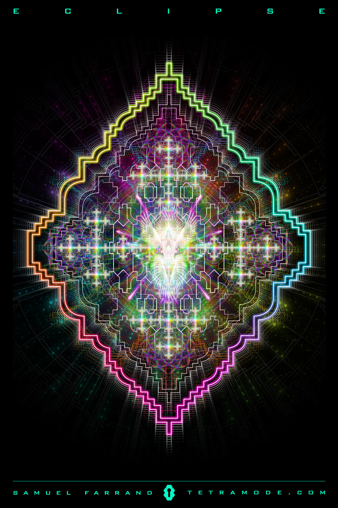 Eclipse artwork by Samuel Farrand featuring radiant symmetrical sacred geometry with rainbow light and cosmic patterns
