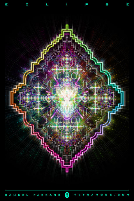 Eclipse artwork by Samuel Farrand featuring radiant symmetrical sacred geometry with rainbow light and cosmic patterns