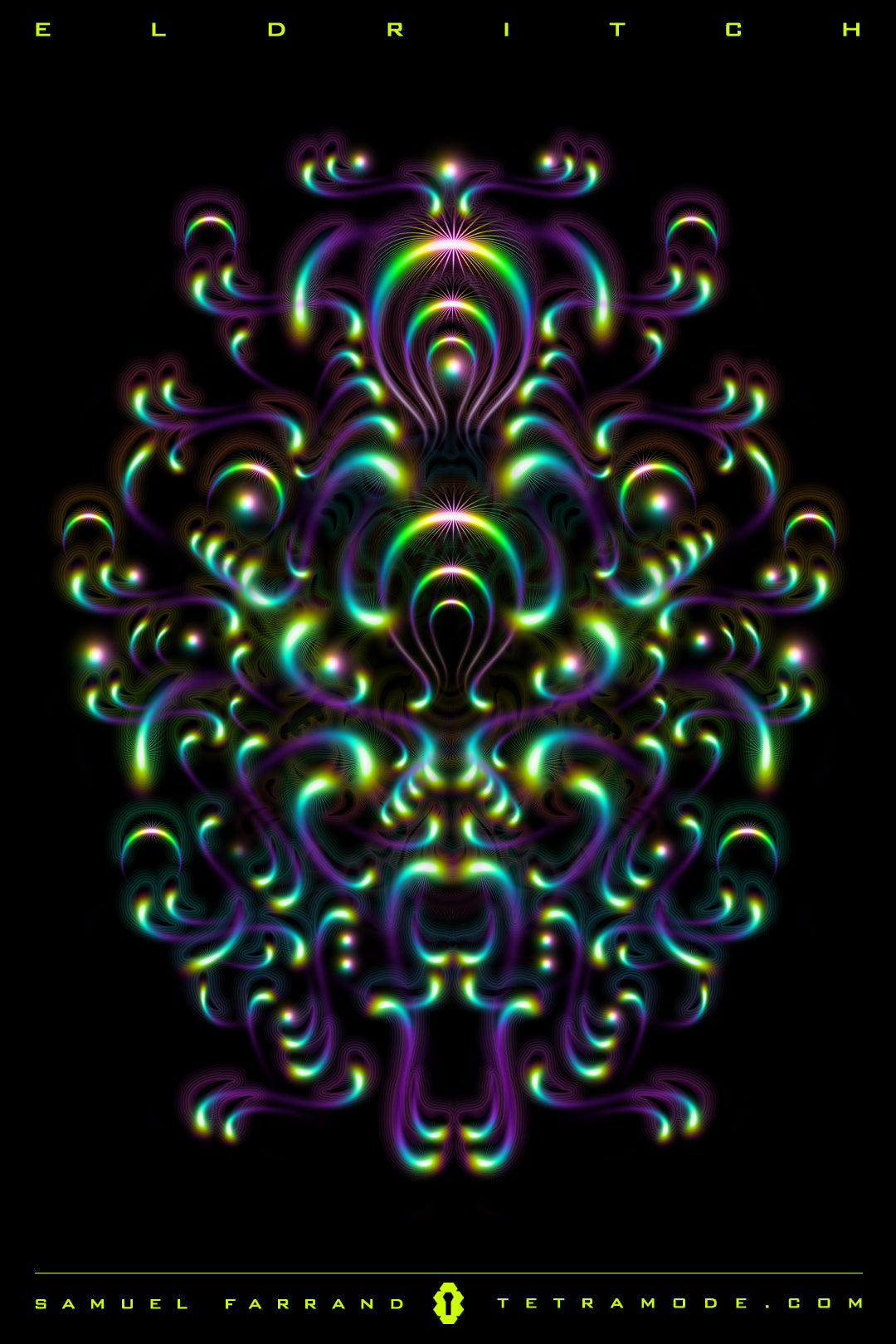 Eldritch artwork by Samuel Farrand featuring glowing symmetrical curves with neon highlights and mystical organic forms on a black background