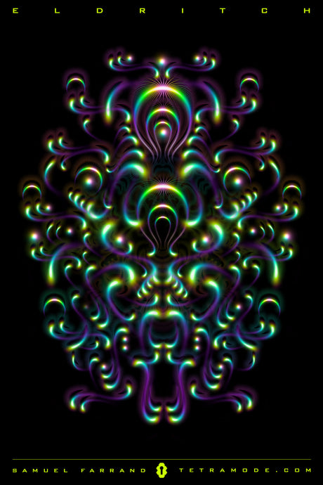 Eldritch artwork by Samuel Farrand featuring glowing symmetrical curves with neon highlights and mystical organic forms on a black background