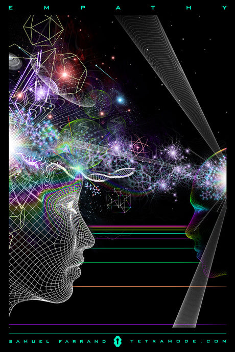 Empathy artwork by Samuel Farrand showing two human faces exchanging streams of light, geometry, and cosmic energy in visionary style