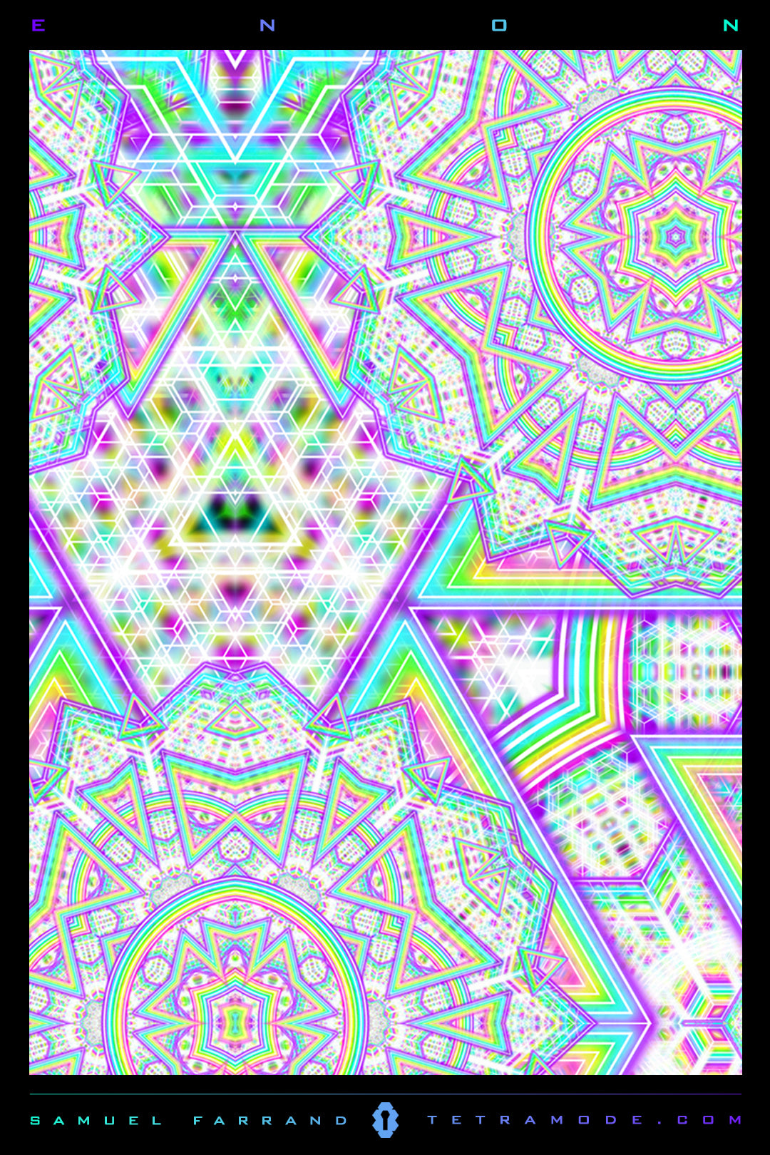 Enon luminous sacred geometry visionary artwork with kaleidoscopic symmetry, neon color, and psychedelic design by Samuel Farrand