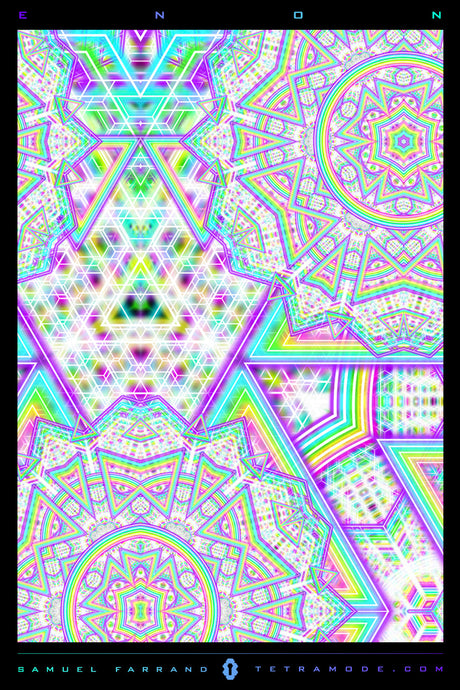 Enon luminous sacred geometry visionary artwork with kaleidoscopic symmetry, neon color, and psychedelic design by Samuel Farrand