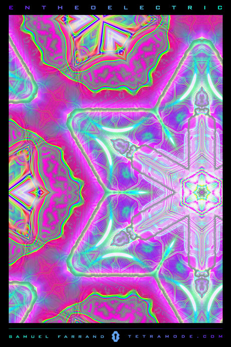 Entheoelectric psychedelic neon geometry artwork with sacred patterns, vivid kaleidoscopic color, and visionary design by Samuel Farrand