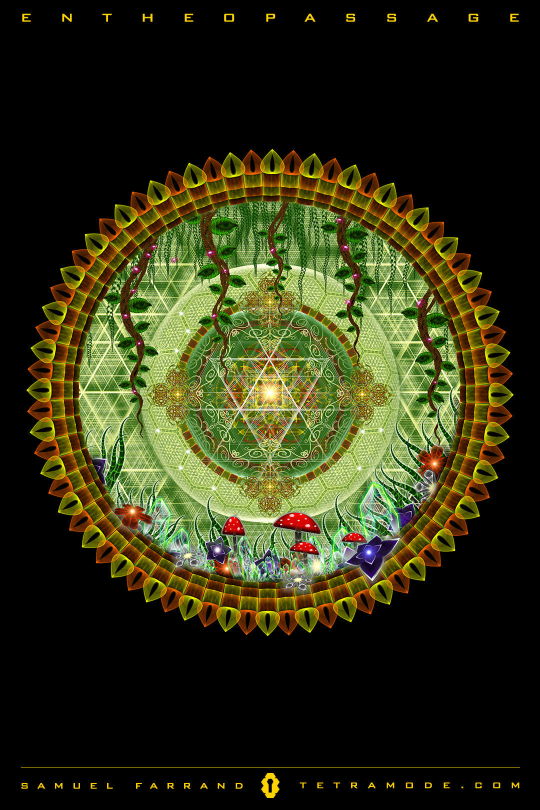 Entheopassage artwork by Samuel Farrand showing green sacred mandala with jungle vines, glowing mushrooms, and geometric patterns forming a spiritual portal