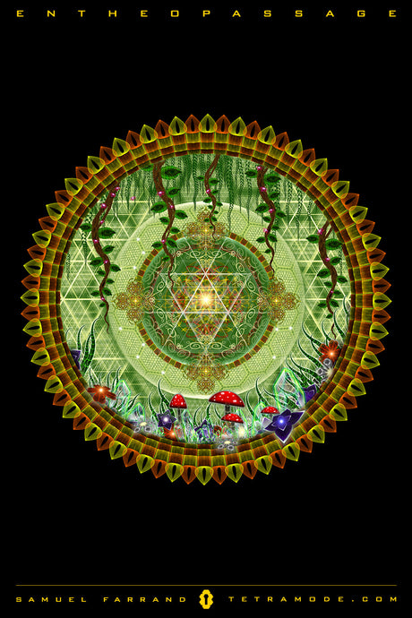 Entheopassage artwork by Samuel Farrand showing green sacred mandala with jungle vines, glowing mushrooms, and geometric patterns forming a spiritual portal