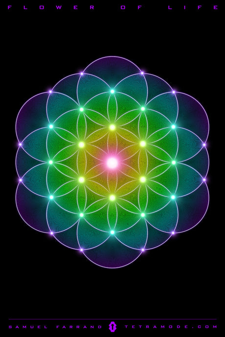 Flower of Life artwork by Samuel Farrand showing a glowing rainbow-hued sacred geometry pattern in visionary neon style