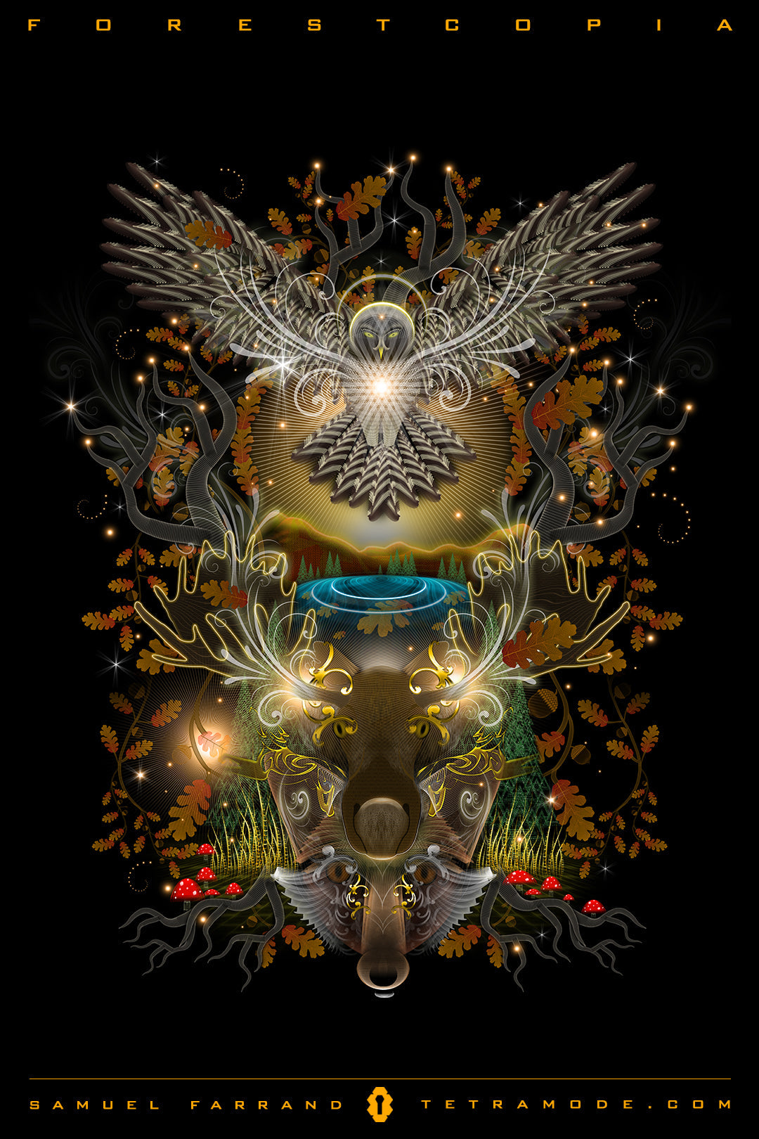 Forestcopia artwork by Samuel Farrand showing a luminous owl, a stag’s face, golden foliage, mushrooms, and forest scenes in intricate visionary style
