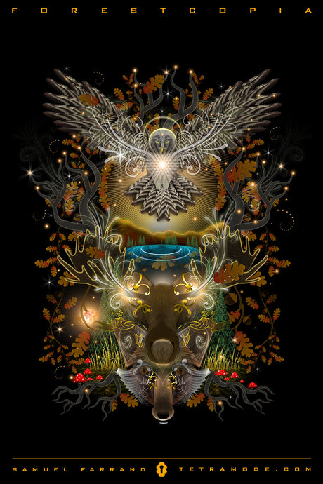 Forestcopia artwork by Samuel Farrand showing a luminous owl, a stag’s face, golden foliage, mushrooms, and forest scenes in intricate visionary style