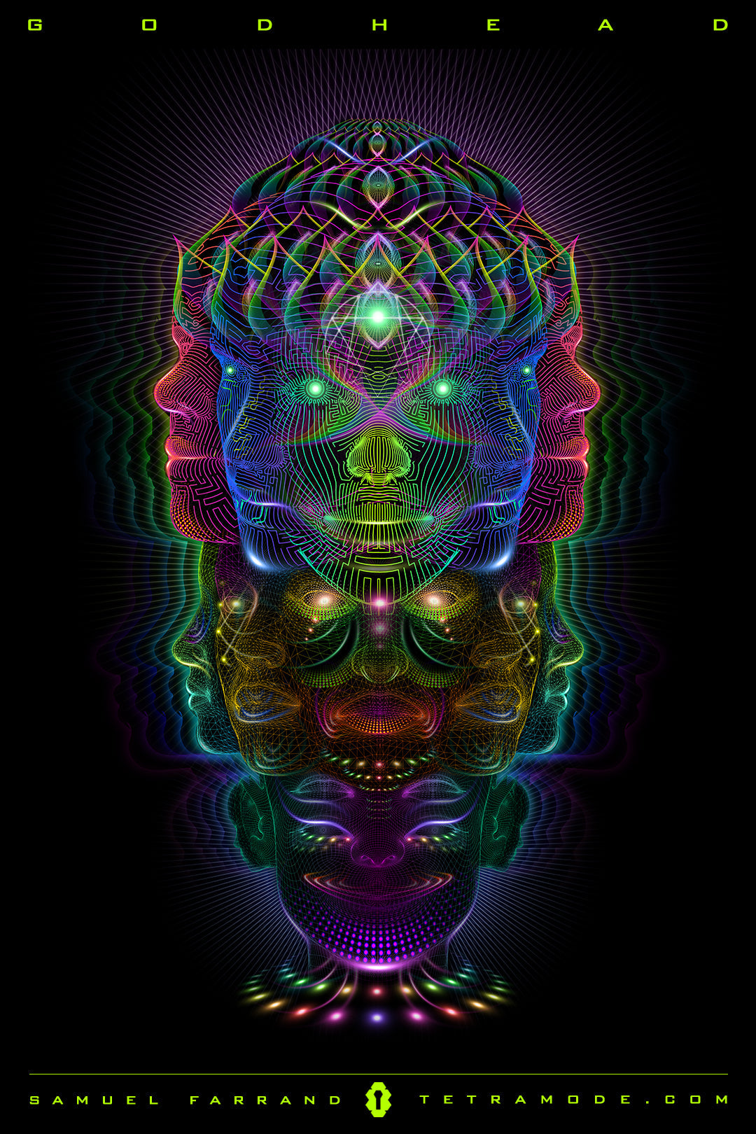 Godhead artwork by Samuel Farrand showing stacked radiant faces, sacred geometry, neon energy lines, and luminous third-eye in psychedelic visionary style