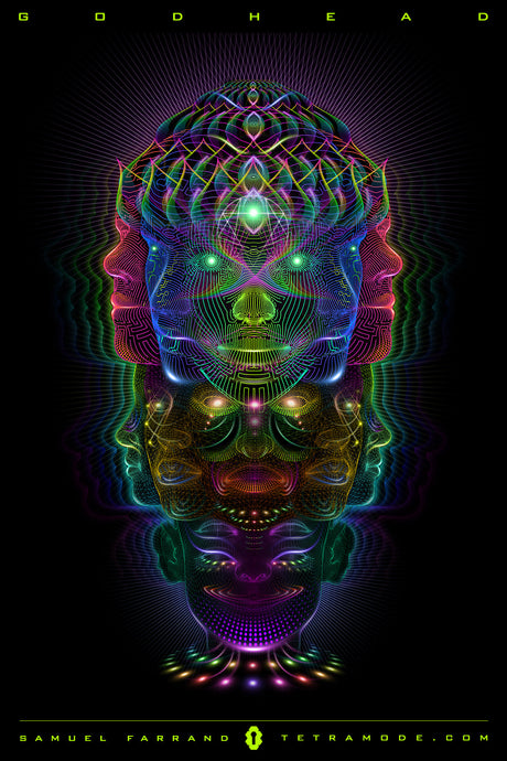 Godhead artwork by Samuel Farrand showing stacked radiant faces, sacred geometry, neon energy lines, and luminous third-eye in psychedelic visionary style