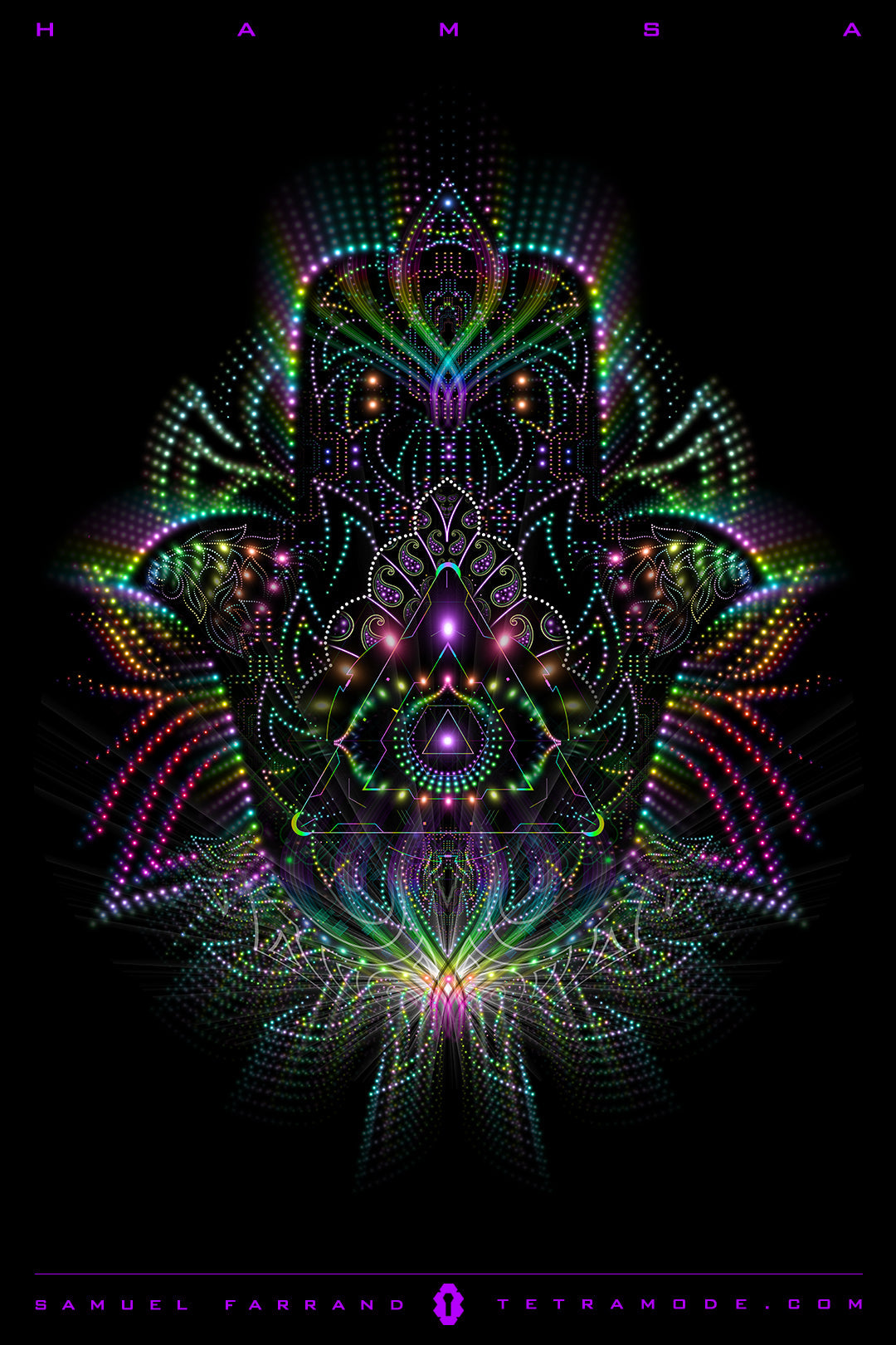 Hamsa artwork by Samuel Farrand showing radiant hand-shaped design with intricate sacred geometry, rainbow light patterns, and glowing central symbols