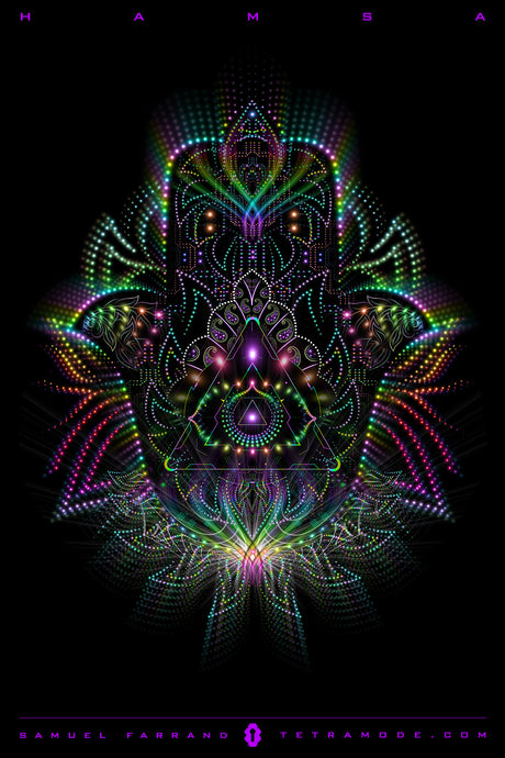 Hamsa artwork by Samuel Farrand showing radiant hand-shaped design with intricate sacred geometry, rainbow light patterns, and glowing central symbols