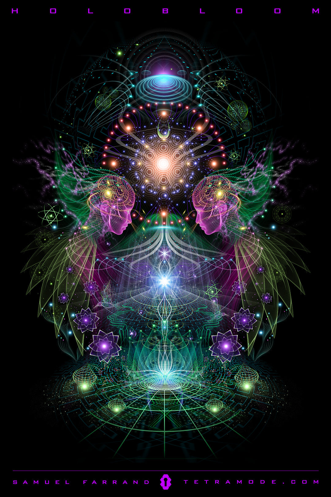 Holobloom artwork by Samuel Farrand showing mirrored human heads, sacred geometry, cosmic flowers, and radiant light patterns in visionary neon style
