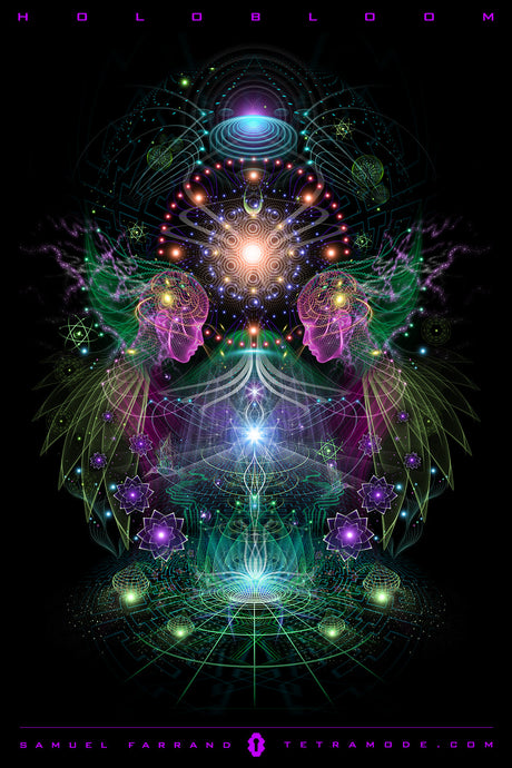 Holobloom artwork by Samuel Farrand showing mirrored human heads, sacred geometry, cosmic flowers, and radiant light patterns in visionary neon style