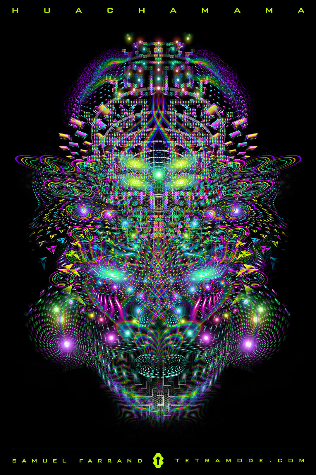 Huachamama artwork by Samuel Farrand showing a luminous symmetrical face made of neon patterns, fractal glyphs, and swirling light on a black background