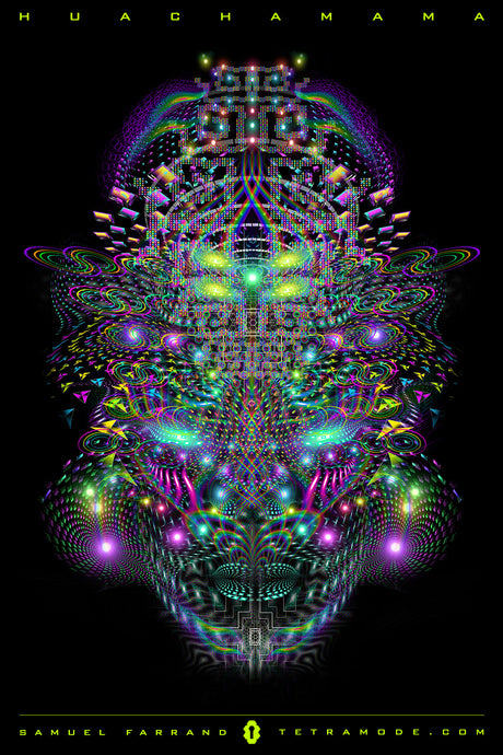Huachamama artwork by Samuel Farrand showing a luminous symmetrical face made of neon patterns, fractal glyphs, and swirling light on a black background