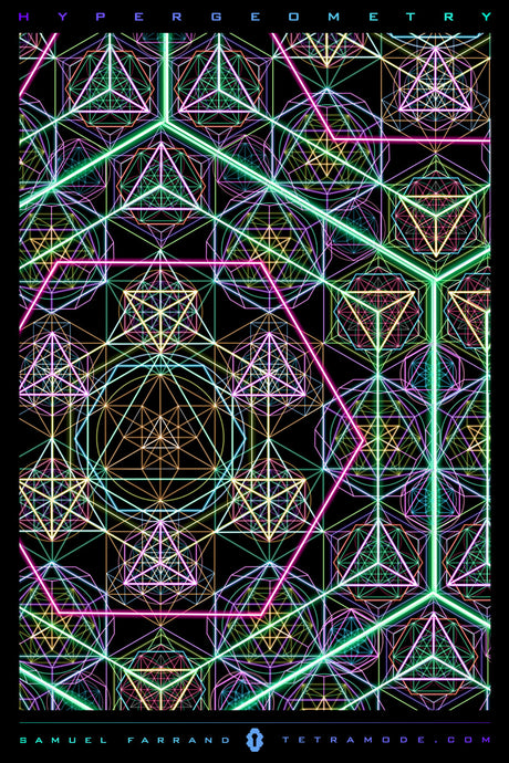 Hypergeometry multidimensional sacred geometry artwork featuring neon polyhedra, symmetry, and visionary psychedelic design by Samuel Farrand
