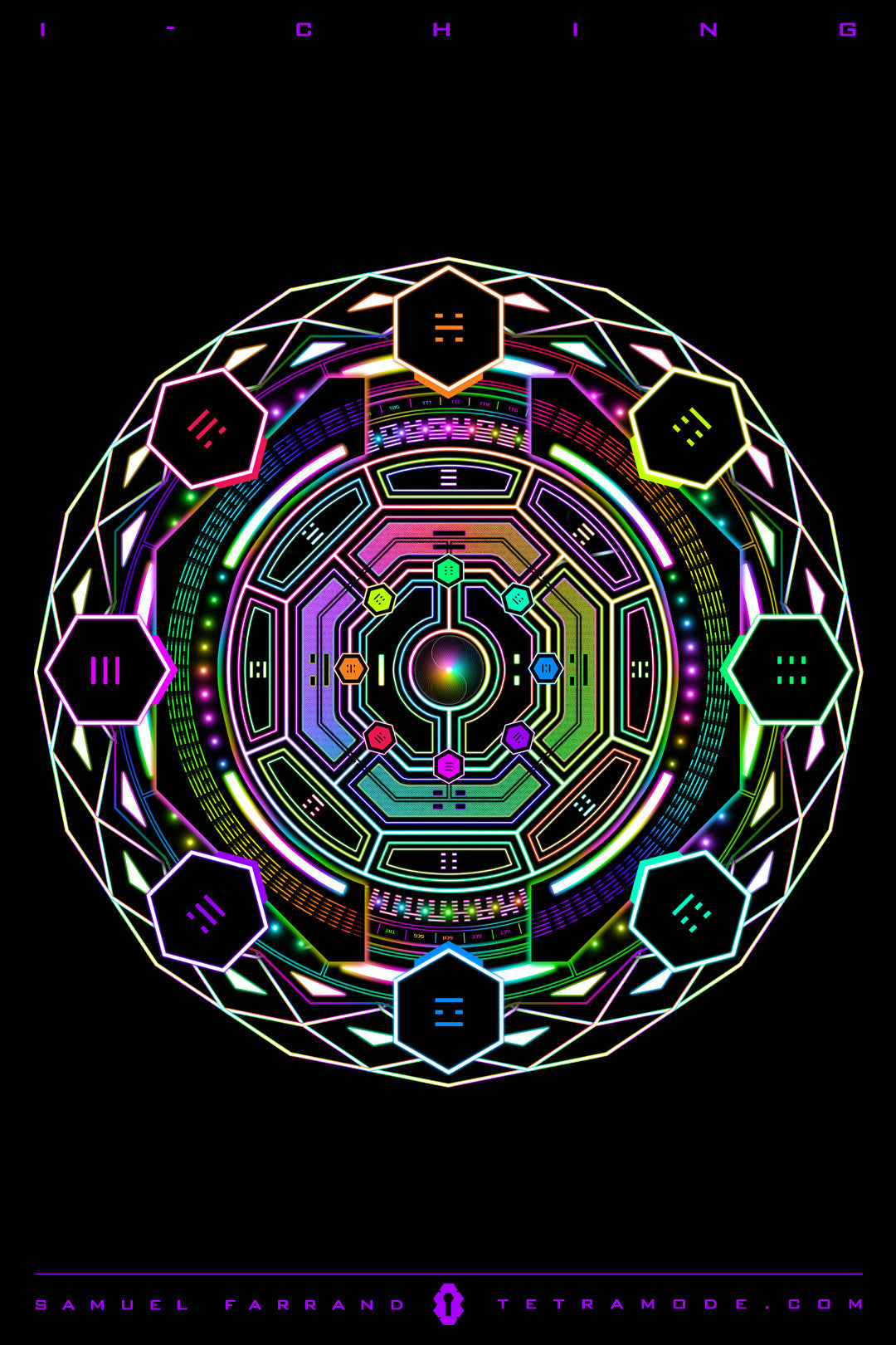 I-Ching artwork by Samuel Farrand featuring a neon mandala with the eight trigrams arranged in a circular pattern on a black background