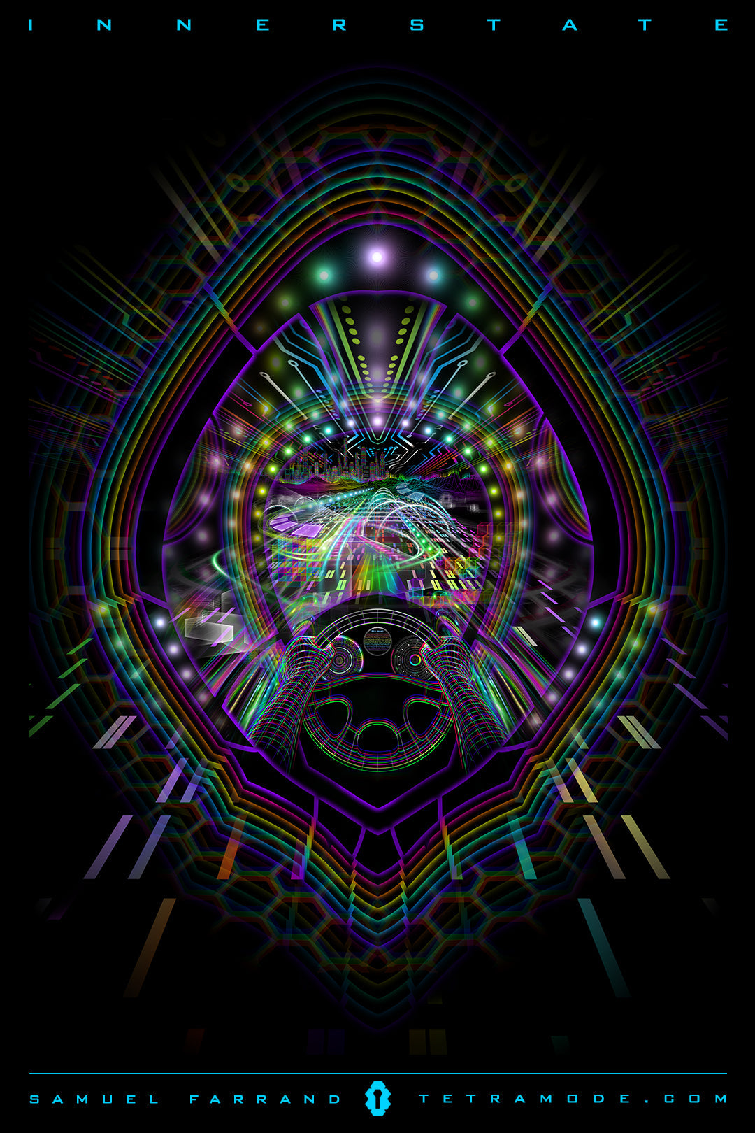 Innerstate artwork by Samuel Farrand showing a glowing futuristic car dashboard leading into neon tunnels, fractal highways, and rainbow light patterns on black background