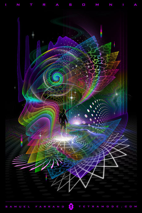 Intrasomnia artwork by Samuel Farrand showing a silhouette walking across luminous geometric planes within a rainbow spiral face shape against a dark background