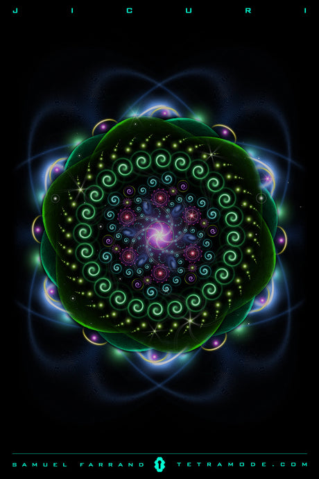 Jicuri artwork by Samuel Farrand showing a glowing green spiral mandala inspired by peyote and Huichol sacred geometry in visionary neon style
