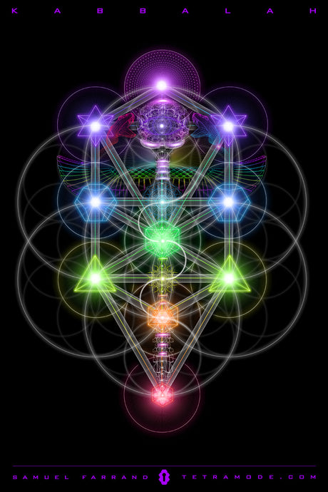 Kabbalah Tree of Life artwork by Samuel Farrand with glowing neon spheres and geometric patterns on a black background