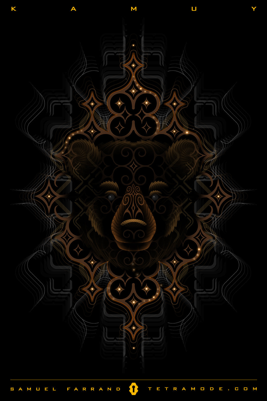 Kamuy artwork by Samuel Farrand depicting a bear spirit formed from glowing tribal patterns and sacred geometry on a dark background
