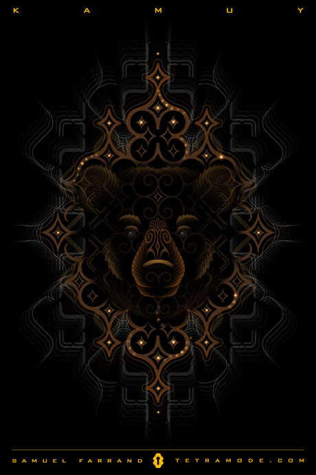 Kamuy artwork by Samuel Farrand depicting a bear spirit formed from glowing tribal patterns and sacred geometry on a dark background