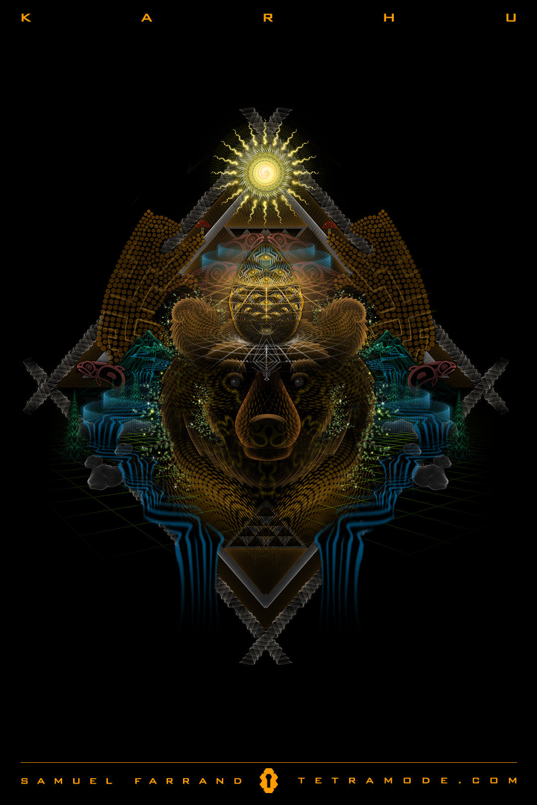 Karhu artwork by Samuel Farrand featuring a symmetrical bear face, sacred geometry, shamanic symbols, and radiant light in a visionary neon style